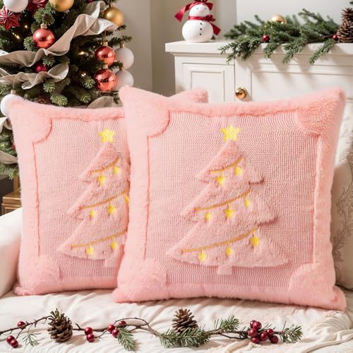 Faux Fur Christmas Pillow Covers 18x18 Set of 2 | Pink Christmas Tree Soft Plush Farmhouse Decorative Cushion Case for Couch Christmas Home Decor - color: Pink Embroidered Tree, size: 18" x 18" (Pack of 2)