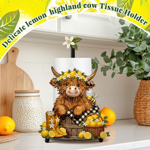 Lemon Highland Cow Paper Towel Holder Lemon Cattle Kitchen Bathroom Decor Farmhouse Large Metal Highland Cow Yellow Towel Holder Stand with Round Base for Home Countertop Accessories Gifts - style: Lemon
