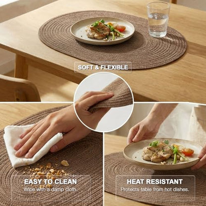 Placemats Set of 6, Woven Oval Braided Dining Table Mats(Chocolate Brown) | 12 x 17.5 Inch Size Fits Plates and Flatware; Hand Washable and Heat Resistant for Kitchen Use, with Farmhouse and Boho Style - color: Solid Brown, size: 6 pcs