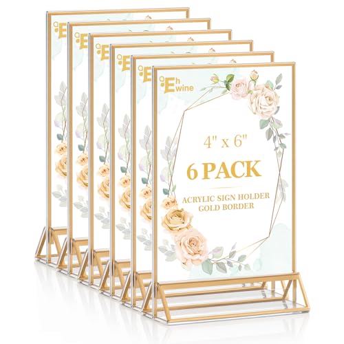 EHWINE 6 Pack Acrylic Sign Holder 4 x 6, Double Sided Gold Picture Frame Stand up Table Top Sign Holders, Clear Display Stand Menu Flyer Holder for Wedding Party