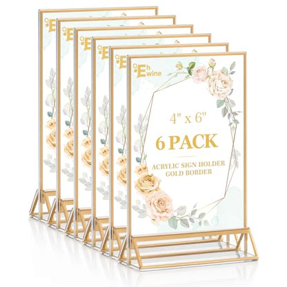 EHWINE 6 Pack Acrylic Sign Holder 4 x 6, Double Sided Gold Picture Frame Stand up Table Top Sign Holders, Clear Display Stand Menu Flyer Holder for Wedding Party