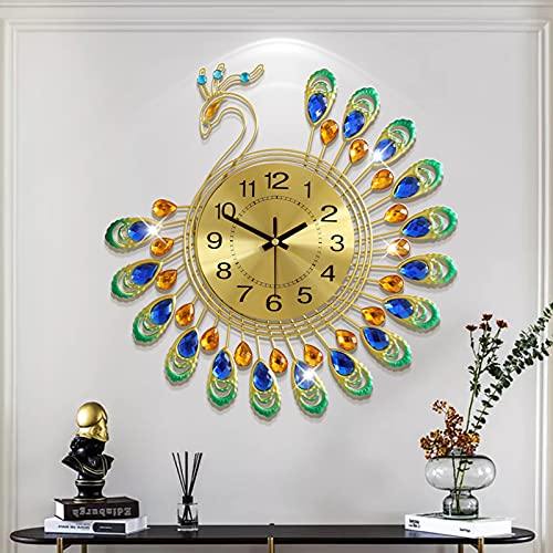 FLEBLE Large Wall Clocks for Living Room Decor Gold Decoration Wall Clock | Silent Battery Operated Non Ticking for Bedroom Kitchen 14inch Retro Peacock Crystal Wall Watch Quartz for Home Office Indoor - color: Gold15