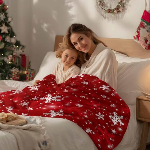 Christmas Throw Blanket, Red White Snowflakes Super Soft Warm Flannel Blankets for Bed Couch Sofa Winter Shiny Stars Xmas Snow Red Lightweight Fluffy Plush Bed Throws 50x60 Inch - color: Red, size: 50''x60''