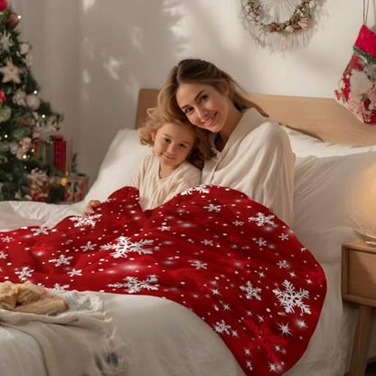 Christmas Throw Blanket, Red White Snowflakes Super Soft Warm Flannel Blankets for Bed Couch Sofa Winter Shiny Stars Xmas Snow Red Lightweight Fluffy Plush Bed Throws 50x60 Inch - color: Red, size: 50''x60''