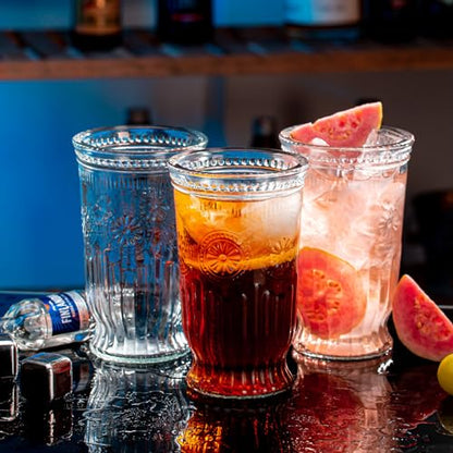 Vintage Drinking Glasses, 8 pcs Embossed Designed Highball Glasses, 16oz Glass Cups, Tall Water Glass Tumbler, Mojito Cup, Cocktail Glass, Vintage Glassware Set for Juice, Cocktail, Whiskey