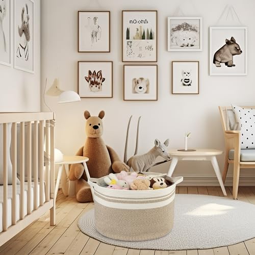 XUANGUO Extra Large Cotton Rope Round Storage Basket 22" x 14" | Woven basket for blankets, toys, towels, laundry, nursery, living room and pet toy storage. - color: white and brown