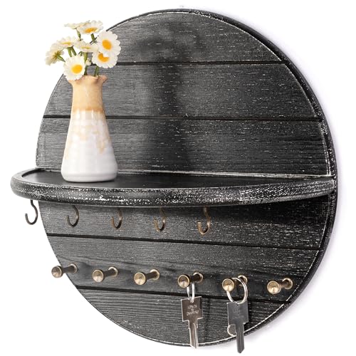Rebee Vision Round Key Holder Wall Mount for Keys & Sunglasses, Old Black | Round Shape, Key Hooks for Kitchen Wall, Wall Shelf for Plant & Mail, Home Storage, Entrayway Decor, Ideal for Living Room - color: Old Black