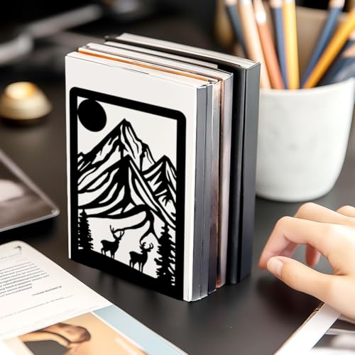 Metal Bookends for Shelves, Mountain and Deer Decorative Book Ends for Heavy Books, Book Stopper Decorative Books, Bookends to Hold Literature for Home Office School Bookshelf Decor - style: Mountain