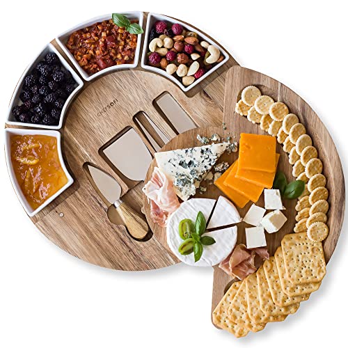 ChefSofi Charcuterie Board Set and Cheese Serving Platter - Made from Acacia Wood - US Patented 13 inch Cheese Board and Knife Set for Entertaining and Serving - 4 Knives and 4 Bowls - size: 13 inch