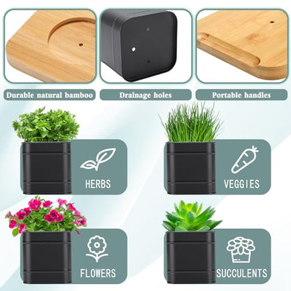 LemonRoad 6 Pcs Indoor Herb Planter Window Herb Pots for Kitchen with Drainage Hole and Bamboo Tray Farmhouse Metal Garden Planter Pot with DIY Label Mom Plant Gift(Black,Square) - color: Black