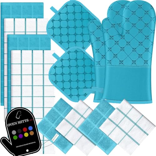 Oven Mitts Kitchen Towels Dishcloths with Pot Holders Sets 12PCS, Dish Towels Sets, Oven Gloves Pot Pads Heat Resistant 500 Degrees with Non-Slip Silicone Surface for Cooking Baking Grilling (Blue) - color: Blue