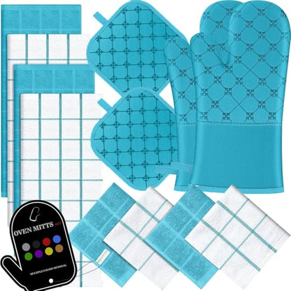 Oven Mitts Kitchen Towels Dishcloths with Pot Holders Sets 12PCS, Dish Towels Sets, Oven Gloves Pot Pads Heat Resistant 500 Degrees with Non-Slip Silicone Surface for Cooking Baking Grilling (Blue) - color: Blue
