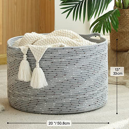 KAKAMAY Large Blanket Basket (20"x13"),Woven Baskets for storage Baby Laundry Hamper, Cotton Rope Blanket Basket for Living Room, Laundry, Nursery, Pillows, Grey with Blue & Brown Dotted | Extra Large Capacity | Natural Cotton Rope | Blanket Storage | Wov