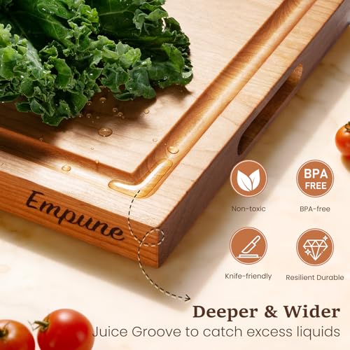 Empune Cherry Wood Cutting Boards for Kitchen Wooden Cutting Board with Handle, Chopping Board with Built-in Juice Groove & Well, Heavy-duty Charcuterie Board Butcher Block, 16.5x11.8x1.4 Inches - color: Cherry Wood