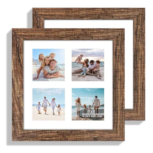Hongkee 8x8 Picture Frame Set of 2, with Glass and Rustic Brown Wood Frames, Display Collage Four Opening 3x3 With Mat or 8 x 8 Without Mat for Wall Hanging or Tabletop - color: Rustic Brown, size: 8x8 in matted to 4-3x3