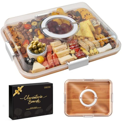 Portable Charcuterie Boards with Lid, Cheese, Veggie & Snack Tray | Clear Lid Keeps Food Fresh, Travel Portable Board for Kitchen, Picnic and Party, House Warming Gifts New Home - color: 6 Compartments White