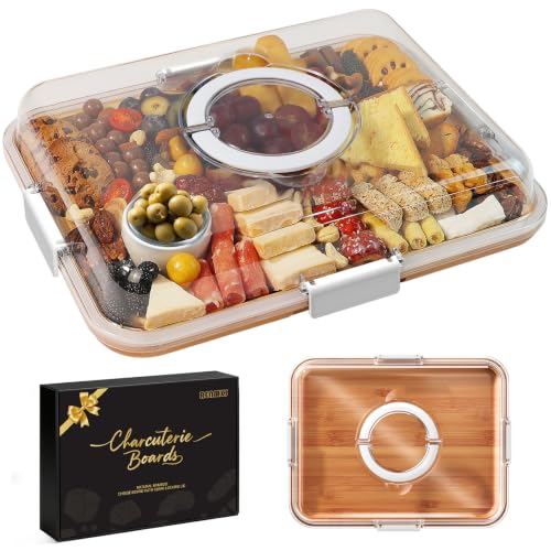 Portable Charcuterie Boards with Lid, Cheese, Veggie & Snack Tray | Clear Lid Keeps Food Fresh, Travel Portable Board for Kitchen, Picnic and Party, House Warming Gifts New Home - color: 6 Compartments White