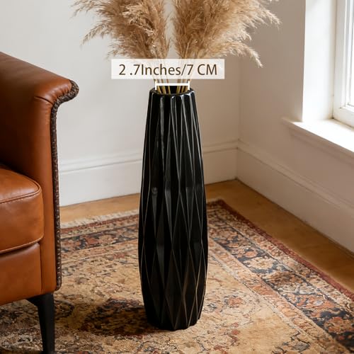 Black Tall Ceramic Floor Vase, 17.7 Inch, Ribbed Design | Matte Finish, Narrow Corners, Entryway, Bedroom, Compact Spaces - size: 17.7 Inch