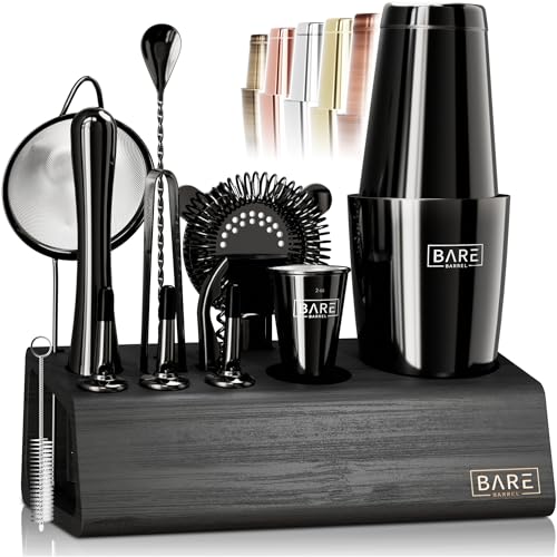 BARE BARREL® Mixology Bartender Kit Bar Set | 14-Piece Cocktail Shaker Set | Martini Barware Mixing Tools for Home Bartending | Incl. 35 Recipe Cards | Gift Set (28oz Boston Shaker, Jet Black/Black) - color: Jet Black/Black
