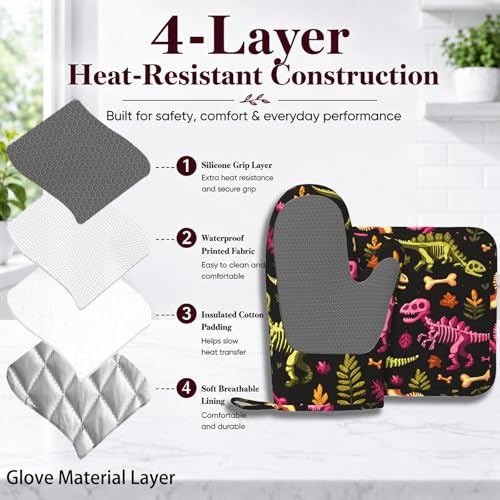 Dinosaur Skeleton Oven Mitts and Pot Holders Sets Non-Slip Silicone Surface for BBQ Gloves,Kitchen,Cooking,Baking,Grilling - color: Dinosaur Skeleton