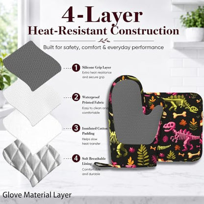 Dinosaur Skeleton Oven Mitts and Pot Holders Sets Non-Slip Silicone Surface for BBQ Gloves,Kitchen,Cooking,Baking,Grilling - color: Dinosaur Skeleton