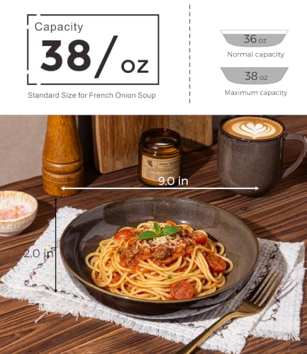 LERATIO 9.0" Ceramic Pasta Bowls Set of 4,38oz Large Stoneware Bowls Set | Reactive Glaze Serving Bowls Set,Wide Bowl for Pasta,Salad,Fruit & Noodles,Housewarming & Wedding Gift-Chestnut - color: Coffee, size: Set of 4