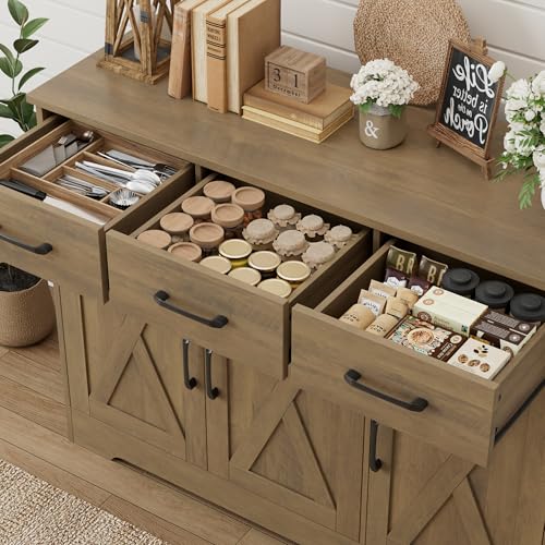 HOSTACK Kitchen Buffet Cabinet with Storage, Sideboard Coffee Bar, Brown | Farmhouse Kitchen Storage Cabinet with 3 Drawers & Adjustable Shelf, 42.5"W Buffet Table for Dining Living Room - color: Rustic Brown