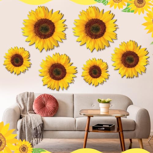 Thyle 6 Pcs Summer Sunflower Wall Decor Wood Sunflower Wall Art Farmhouse Flower Hanging Decorations Indoor Summer Flower Wooden Hanging Sign for Home, Kitchen, Porch - style: Artistic Style