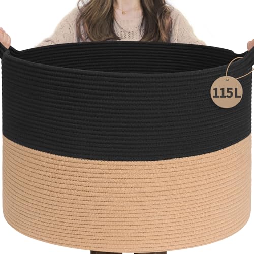 INDRESSME 115L Extra Large Woven Rope Blanket Basket Living Room BlackCamel | 23.6" x 15.7" Storage baskets for toys laundry & pillows. Fits living room, bedroom or nursery décor. Soft-touch with handles - color: Black & Camel, size: 23.6"D x 15.7"H