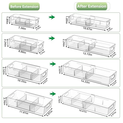 BLULEE 4-in-1 Expandable Drawer Organizer Set, Adjustable Clear Bins | with Dividers for Kitchen, Bathroom, Vanity & Office, Scalable Trays for Cosmetics, Utensils & Desk Accessories (4 Pcs) - size: 4 PCS