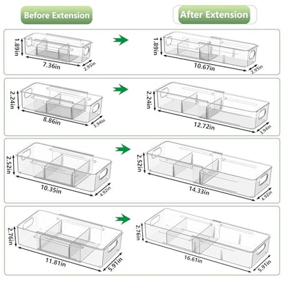 BLULEE 4-in-1 Expandable Drawer Organizer Set, Adjustable Clear Bins | with Dividers for Kitchen, Bathroom, Vanity & Office, Scalable Trays for Cosmetics, Utensils & Desk Accessories (8 Pcs) - size: 8 PCS