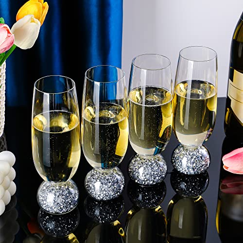 Hanjue Champagne Glasses Set of 4, Champagne Flutes, 7 Oz Lead-free Crystal glass, Clear Glasses Set, Bar Glassware, Ideal for Parties, Wedding, Birthday, Christmas, Long-lasting reusable glasses - color: Crushed diamonds