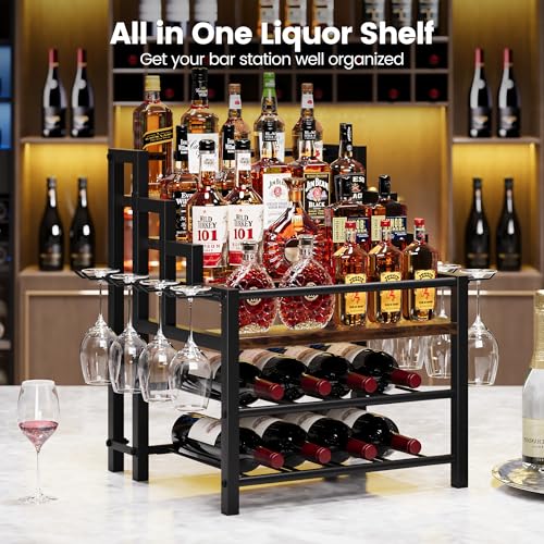 6-Tier Liquor Bottle Display Shelf, Holds up to 24 Bottles, Countertop Wine Racks with 8 Wine Glass Holders, Mini Wine Bar Cabinet for Home, All in One Coffee Syrup Whiskey Organizer