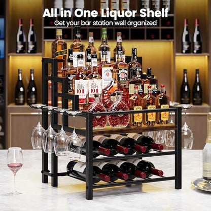 6-Tier Liquor Bottle Display Shelf, Holds up to 24 Bottles, Countertop Wine Racks with 8 Wine Glass Holders, Mini Wine Bar Cabinet for Home, All in One Coffee Syrup Whiskey Organizer