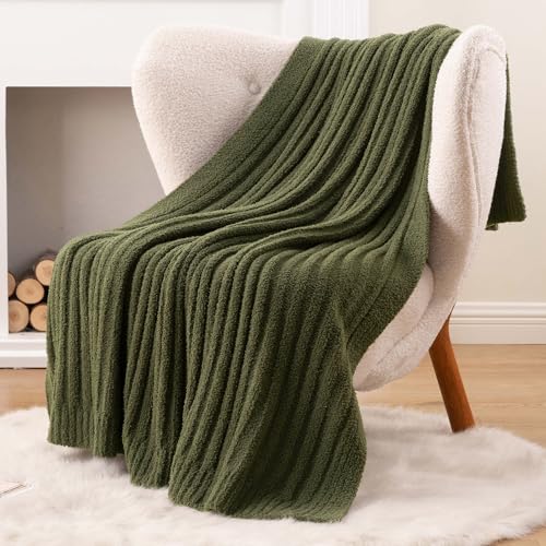 BATTILO Olive Green Throw Blankets for Couch, Fluffy Soft Plush Knit Throw Blankets, Cozy Warm Lightweight Green Blanket for Bed, Sofa, Travel, 50"x60" - color: Olive Green