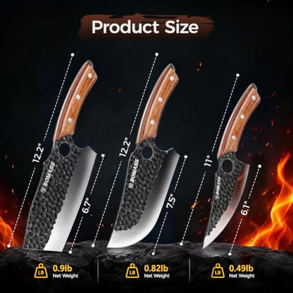 3PCS Butcher Knife Set, Hand Forged Kitchen Chef Knife Set Gift | Meat Cleaver Knife Viking Boning Knife for Home, Outdoor Camping BBQ High Carbon Steel Japanese Knives, Gift for Men Father - size: 6.7"