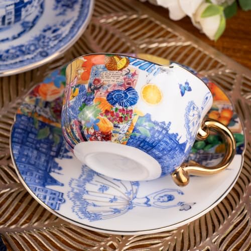 KAMMAK Tea Cups and Saucers Set of 2, Fine Bone China Coffee Cups, 584N | Stackable Espresso Mugs, Ceramic Demitasse for Coffee, Cappuccino, Latte, Americano, Tea - size: 7KPSP584N