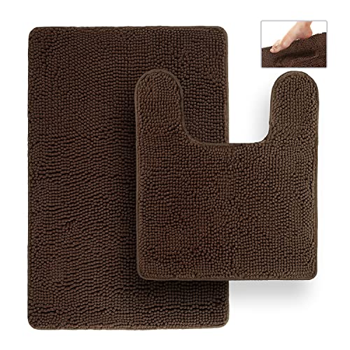Bathroom Rugs, Extra-Thick Memory Foam Bath Mat, Ultra-Soft Chenille Microfiber, Highly Absorbent, Machine Washable, Shaggy Bath Mats for Bathroom, Non-Slip (21x32 + 20x22, 2pcs) Brown - color: Mocha Brown, size: 21 x 32 + 20 x 22 - No Cutout