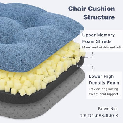 baibu Patented Dining Chair Cushions, 2 Pack, 16.5 x 16.5 x 3.5 in, Blue | Two dual-layer memory foam cushions with silicone non-slip bases, secure ties and removable machine-washable covers. - color: Blue, size: 2 Count (Pack of 1)