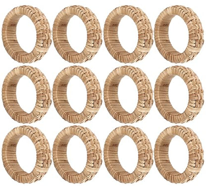 Alpha Living Home Rattan Napkin Rings, Set of 12, Natural Woven | Plastic cane & rayon, 2.5x2.5x0.5 in each, boho farmhouse style, reusable, weddings, parties, bulk pack - color: Tan Natural, size: 12- Pack