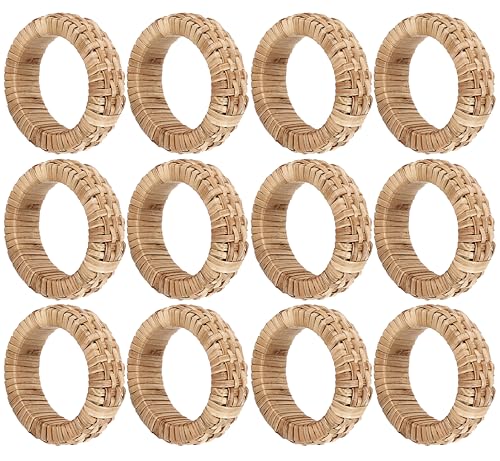 Alpha Living Home Rattan Napkin Rings, Set of 12, Natural Woven | Plastic cane & rayon, 2.5x2.5x0.5 in each, boho farmhouse style, reusable, weddings, parties, bulk pack - color: Tan Natural, size: 12- Pack
