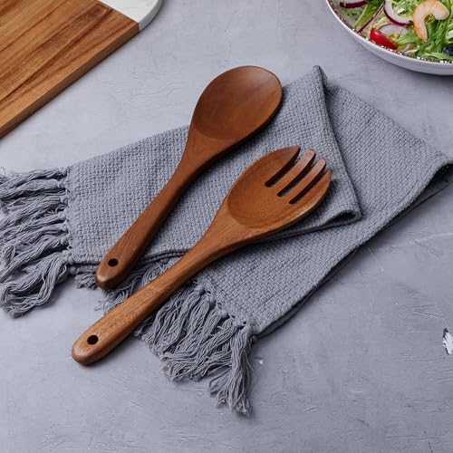 2 pcs Wooden Spoons for Cooking, 10.5 Inch wooden Salad servers of ladle and Fork Set, Acacia Wood Salads Kitchen Serving Utensils Set for Tossing, Mixing and Cooking - color: Acacia Wood