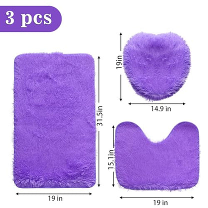 Purple Bathroom Rugs Sets 3Piece Bath Mat Solid Bath Rug Floor Mats Washable Shower Rug with U-Shaped Contour Rug Toilet Lid Cover - color: Purple, size: Set of 3