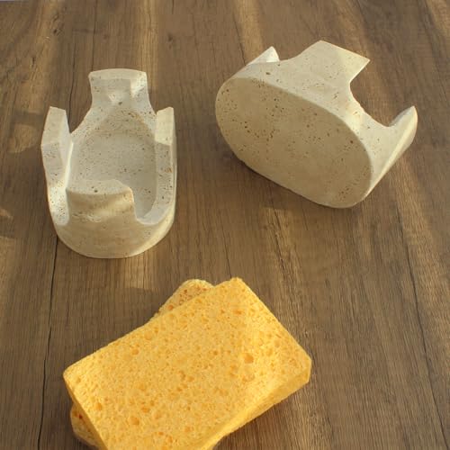 Natural Travertine Marble 2-Slot Sponge Holder for Kitchen Counter, 2-in-1 Stone Drying Rack, Sponge Caddy for Sink Organizer - Beige Travertine - color: Beige Travertine