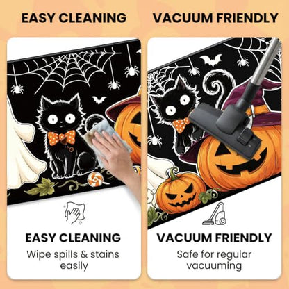 Halloween Kitchen Mats, Boo Pumpkin Ghost Kitchen Rugs | Set of 3, Non-Slip, Spooky Black Cat, Absorbent, Floor Mat for Halloween Holiday Indoor Outdoor Home Decor, 16x28, 16x47 Inch