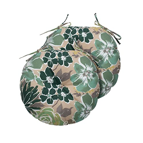 Magpie Fabrics 15" Round Bistro Seat Cushions with Ties, Set of 2, Waterproof All Weather Tufted 4" Thick Patio Chair Pads for Home Garden Dining Metal Stool - Green Floral - color: A Green Floral