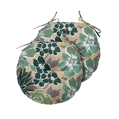 Magpie Fabrics 15" Round Bistro Seat Cushions with Ties, Set of 2, Waterproof All Weather Tufted 4" Thick Patio Chair Pads for Home Garden Dining Metal Stool - Green Floral - color: A Green Floral
