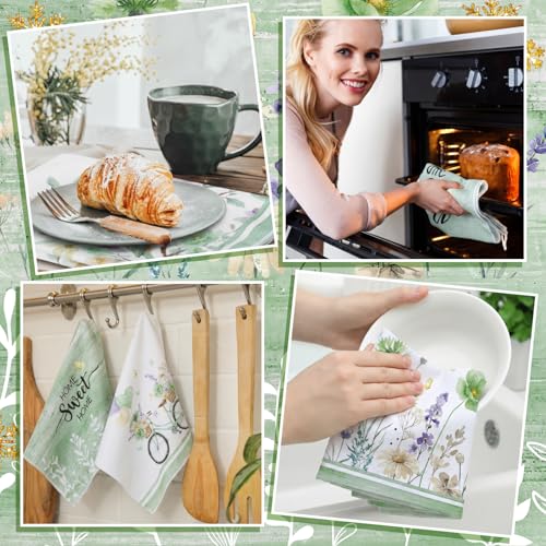 6 Pack Summer Floral Kitchen Towels Sets | Wildflower Hummingbirds Branches Hand Dish Towels for Kitchen Bathroom Home Supplies Housewarming Gift 16 - color: Green, style: Spring Nature