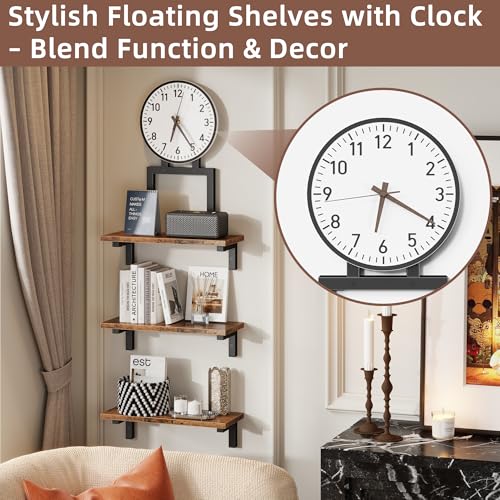 Floating Wall Shelves Set of 3 with Clock, 15 Inch | Wood Shelves, Rustic Finish, Wall Mounted, Storage Display, Farmhouse Style, Living Room, Bedroom, Bathroom, Kitchen
