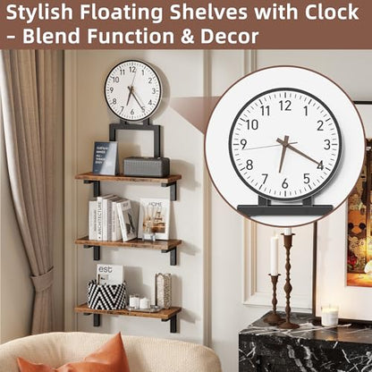 Floating Wall Shelves Set of 3 with Clock, 15 Inch | Wood Shelves, Rustic Finish, Wall Mounted, Storage Display, Farmhouse Style, Living Room, Bedroom, Bathroom, Kitchen